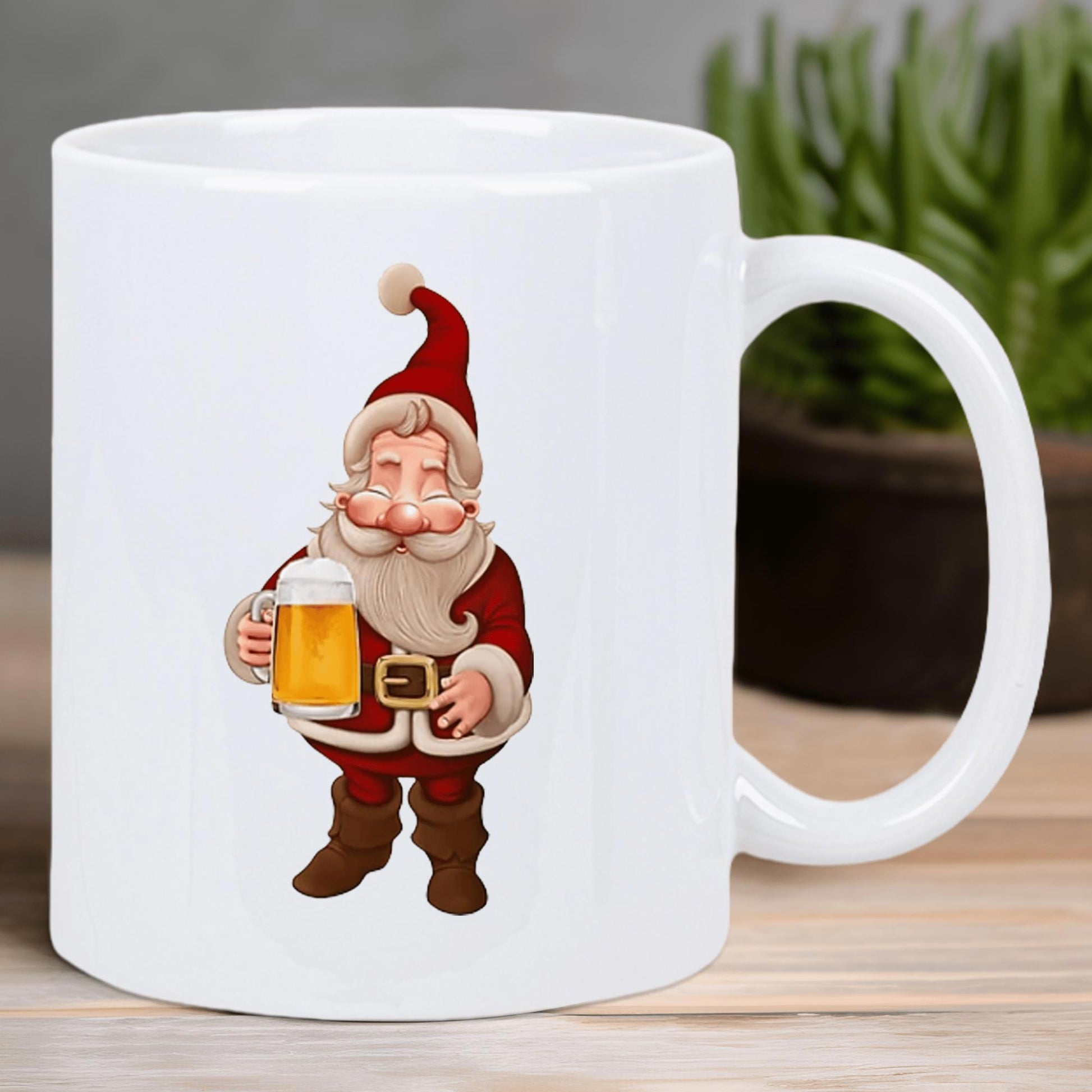 Tailorly White Ceramic 11 oz Mug - Jolly Festive Character In Red Suit Holding A Cold Refreshing Beer Santa Claus