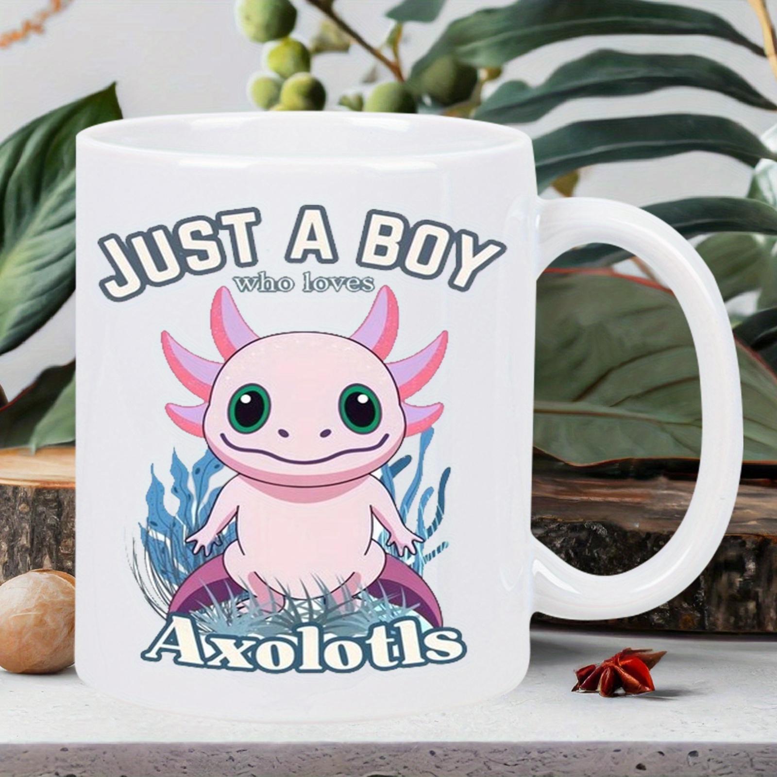 Tailorly White Ceramic 11 oz Mug - Just A Boy Who Loves Axolotls Adorable Pink Cartoon Creature Smiling Among Underwater Seaweed Plants Axolotl