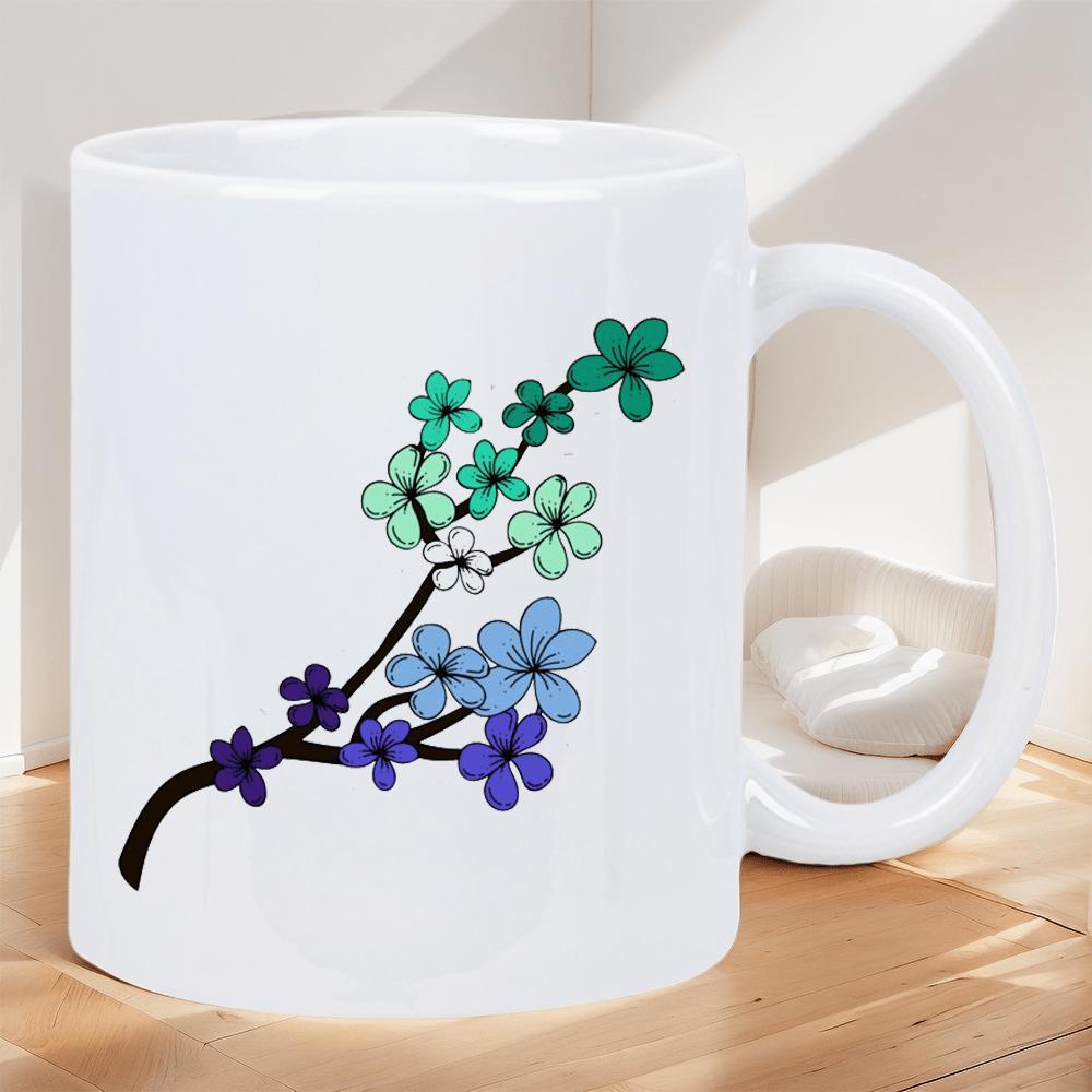 Tailorly White Ceramic 11 oz Mug - Artistic Branch With Vibrant Green And Blue Small Blooming Petals Flower