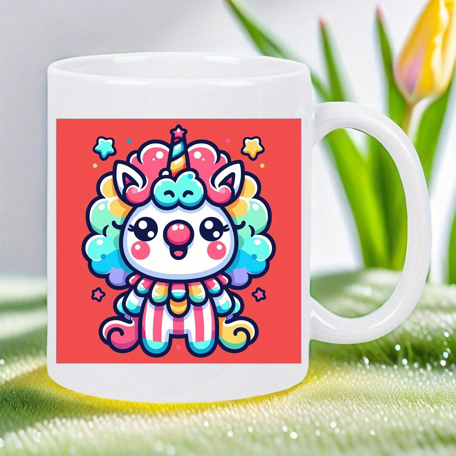 Tailorly White Ceramic 11 oz Mug - Adorable Rainbow Clown Style Creature Sitting Among Colorful Magical Tiny Stars Unicorn