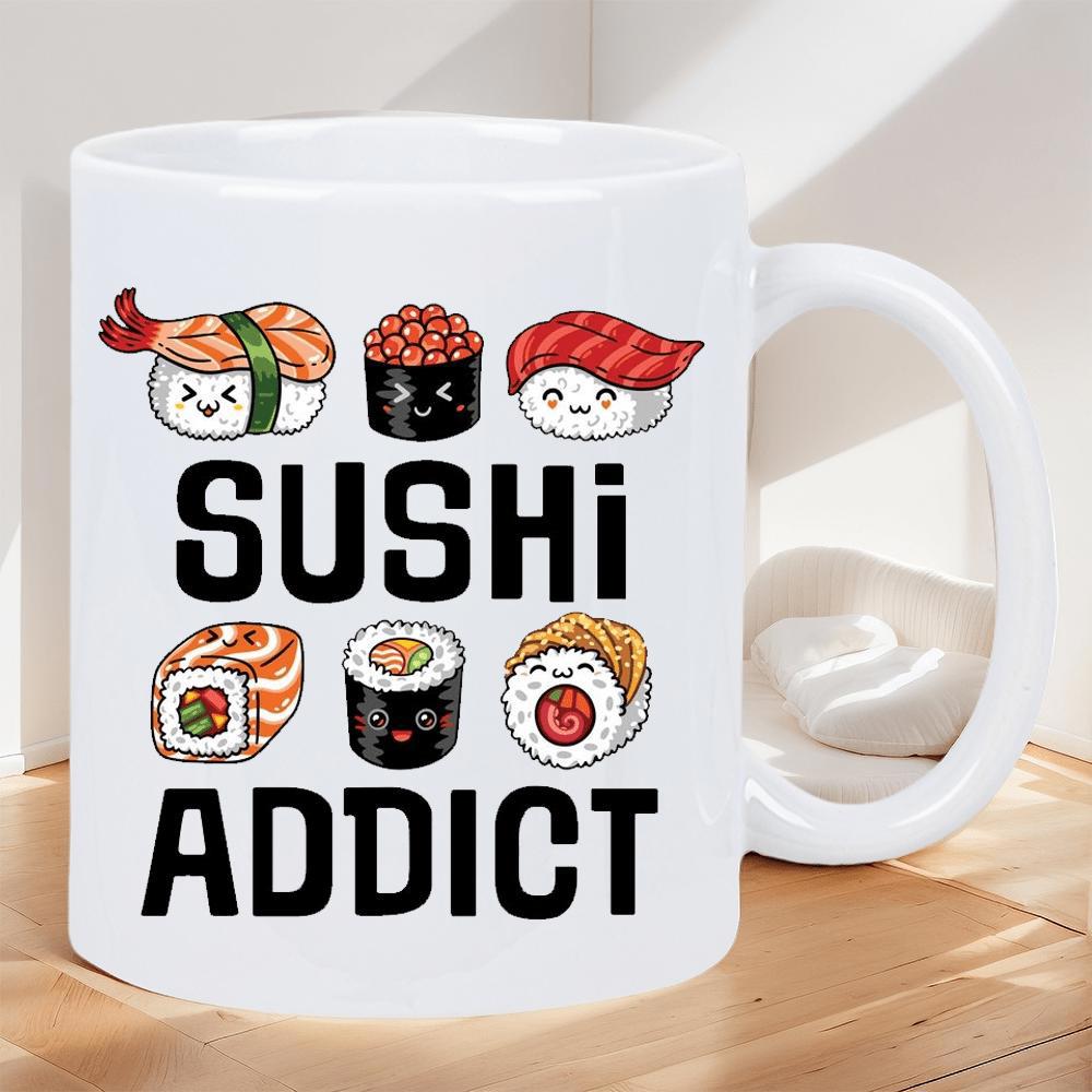 Tailorly White Ceramic 11 oz Mug - Sushi Addict Selection Of Cute Cartoon Japanese Food Characters Arranged Over Text Sushi