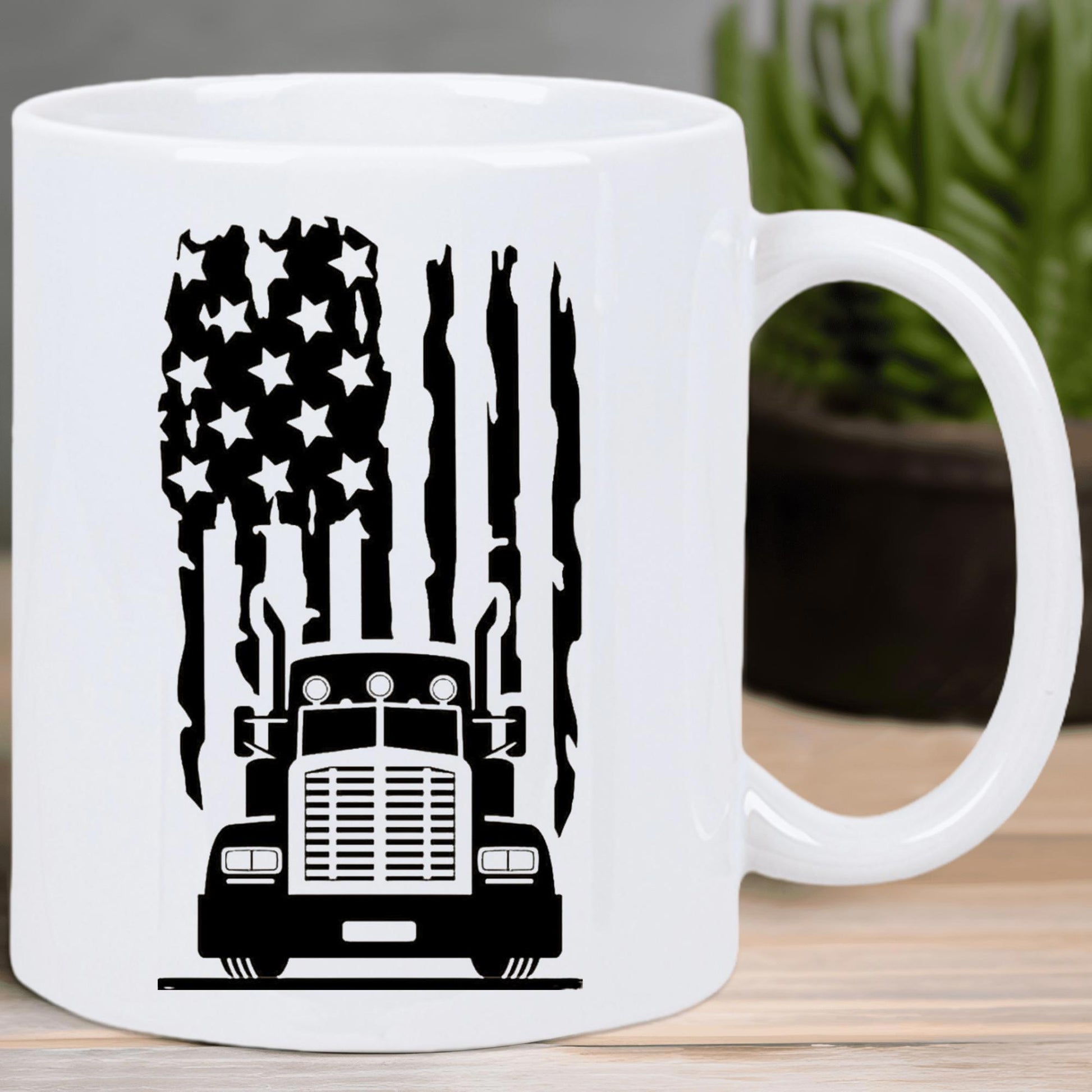 Tailorly White Ceramic 11 oz Mug - Distressed American Flag Background Featuring A Majestic Heavy Semi Truck