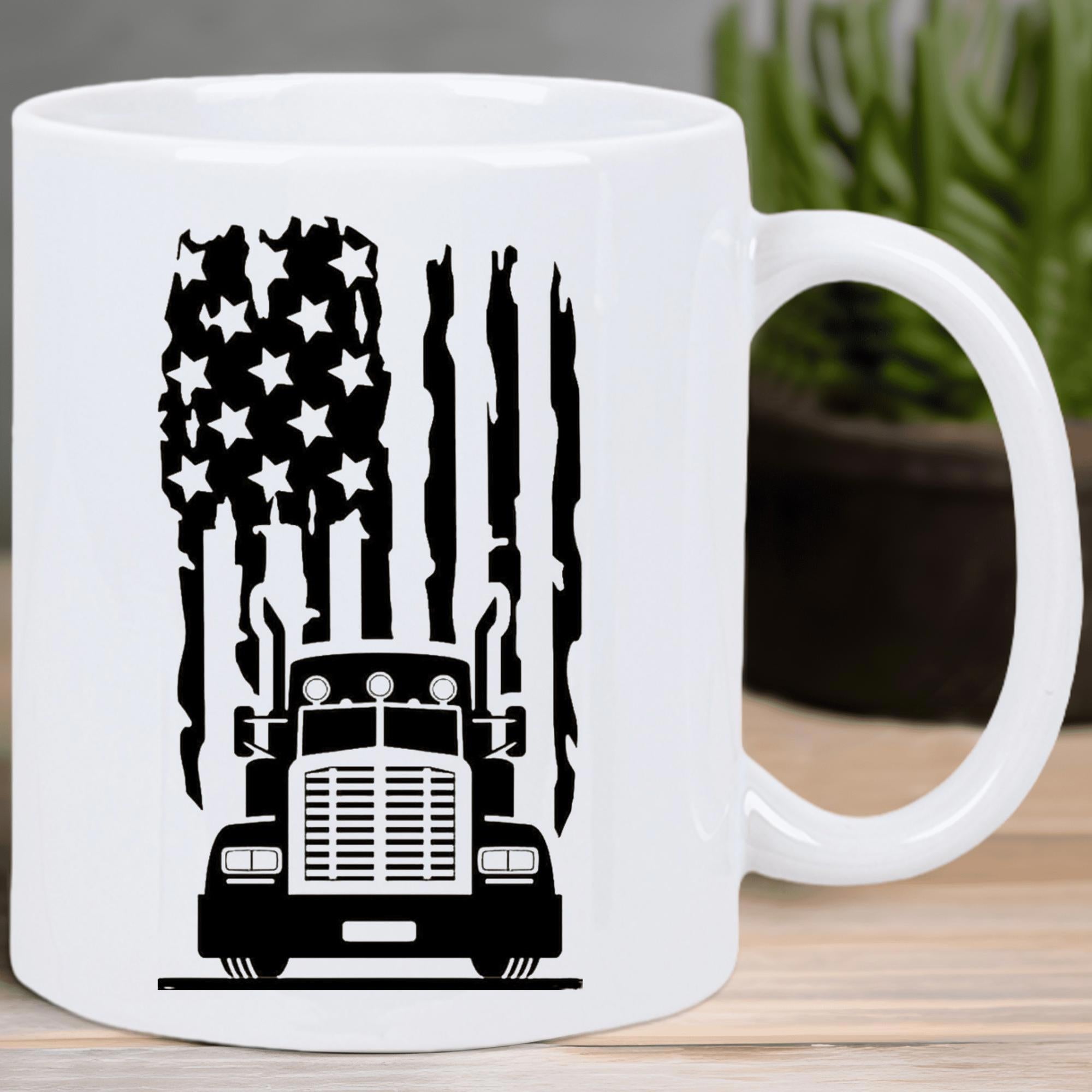 Tailorly White Ceramic 11 oz Mug - Distressed American Flag Background Featuring A Majestic Heavy Semi Truck