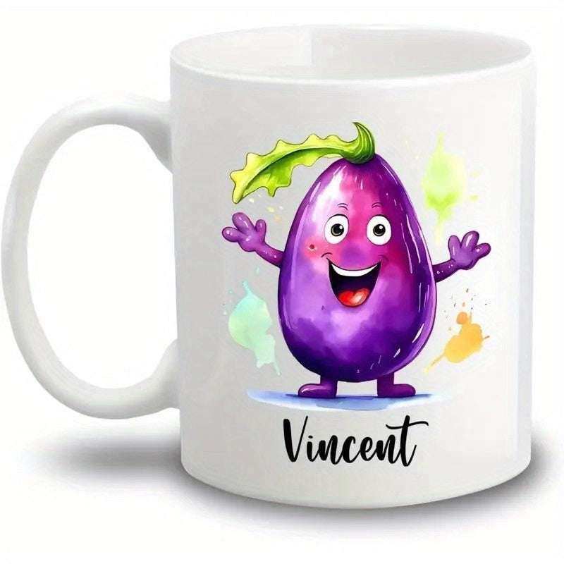 Tailorly White Ceramic 11 oz Mug - Vincent Vibrant Purple Cartoon Character Smiling With Little Green Leaf Eggplant
