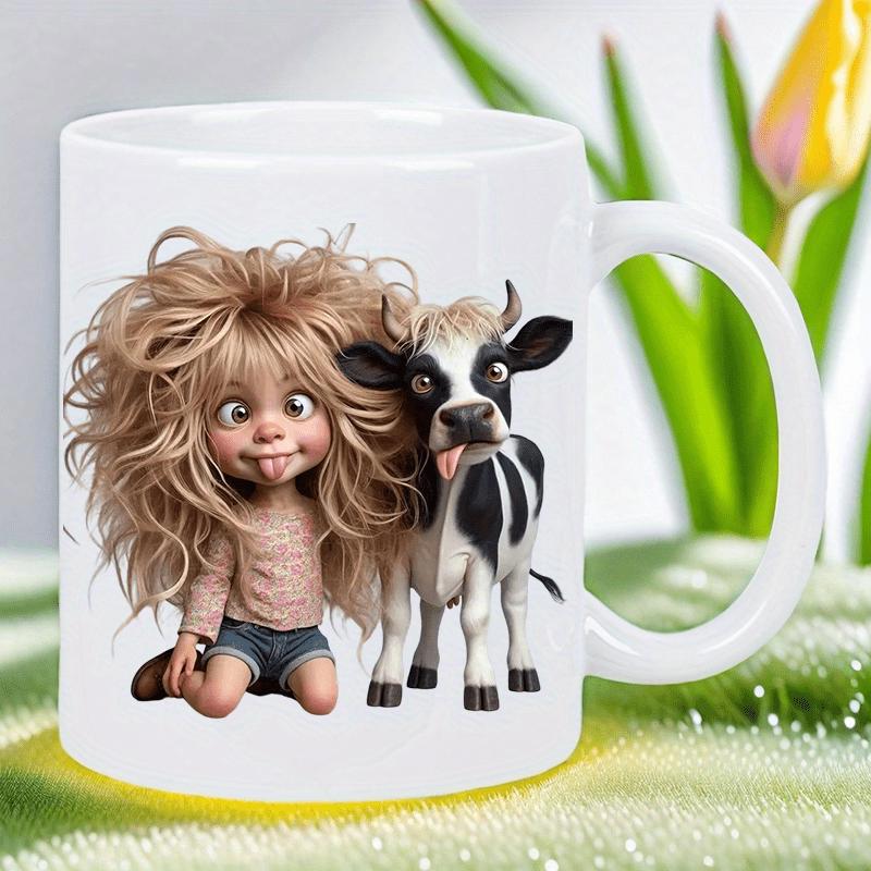 Tailorly White Ceramic 11 oz Mug - Funny Little Girl With Messy Hair And Playful Spotted Cow