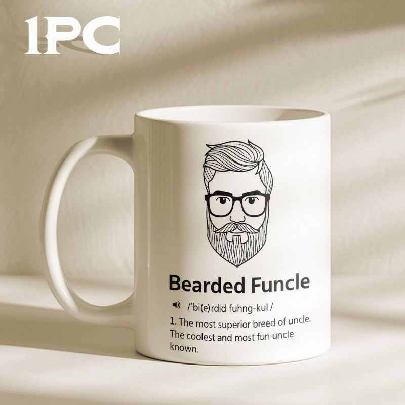 Tailorly White Ceramic 11 oz Mug - Bearded Funcle Minimalist Line Art Portraying A Stylish Hipster With Glasses And Beard Man
