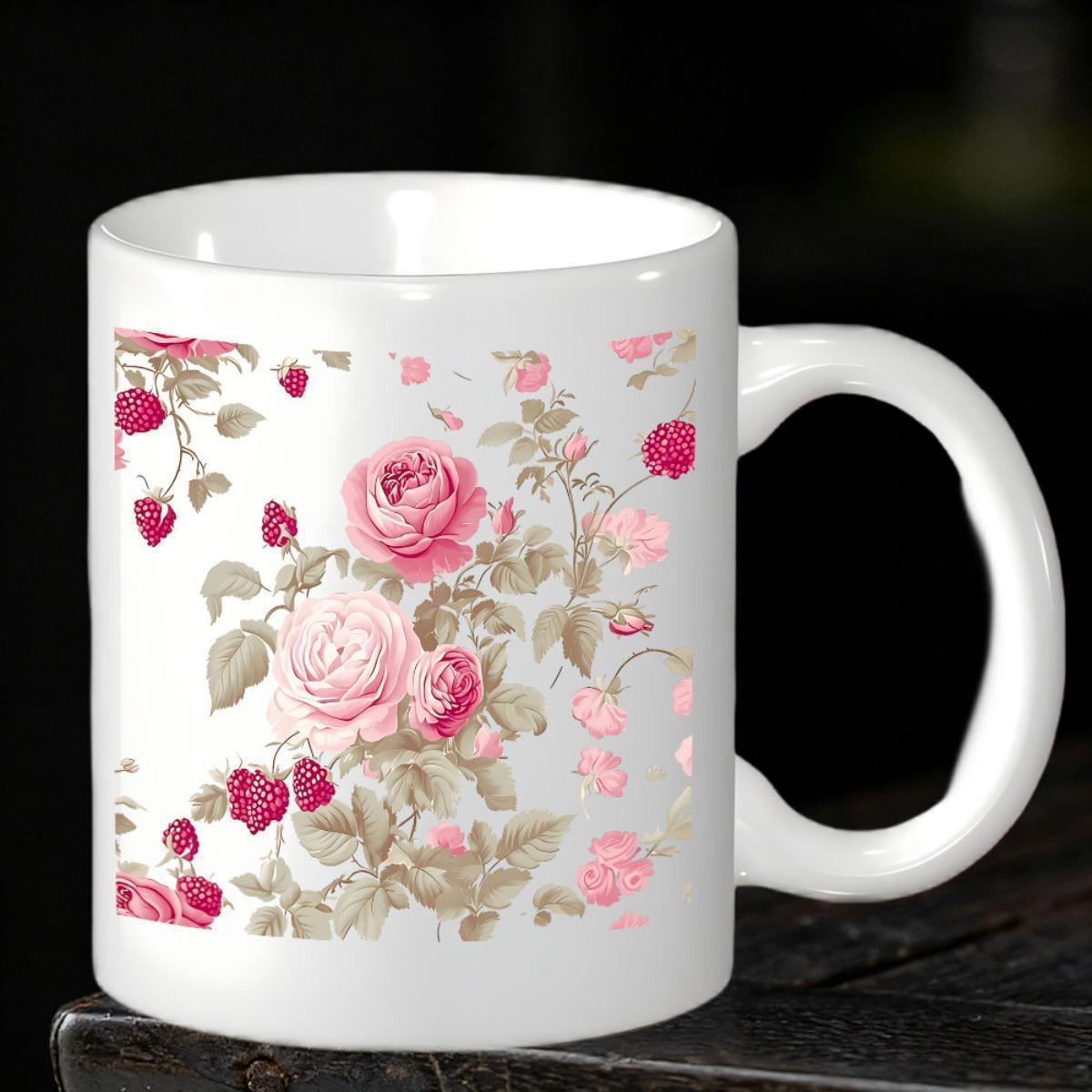Tailorly White Ceramic 11 oz Mug - Vintage Pink Roses Blooming With Delicate Leaves Among Soft Green Petals Rose