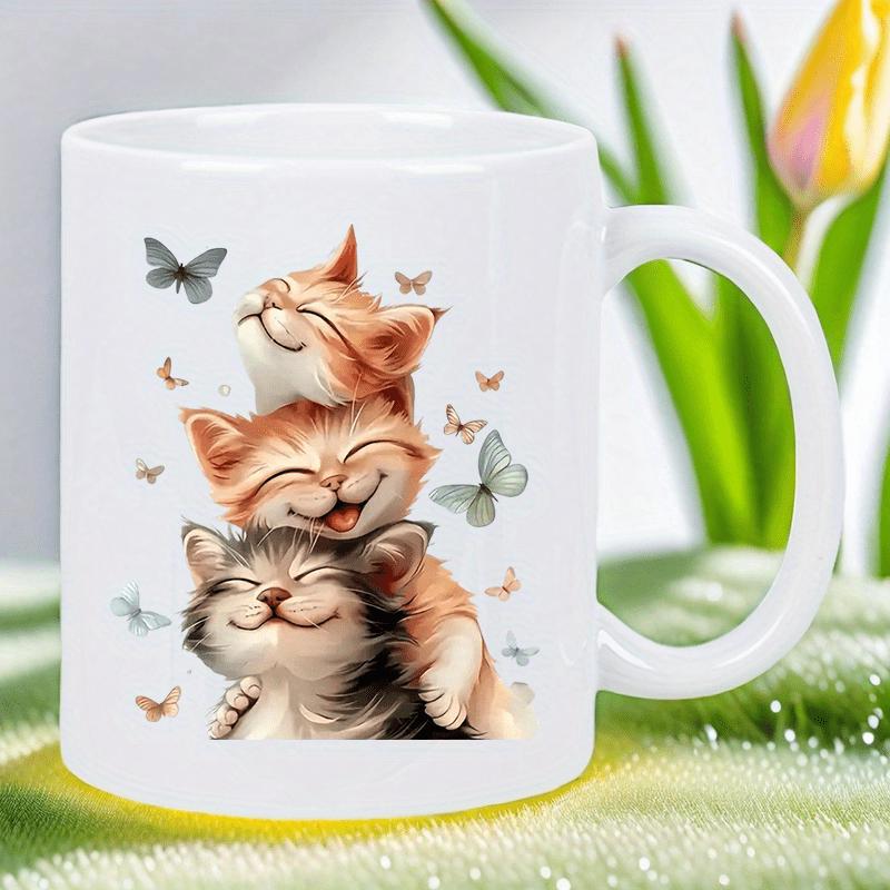 Tailorly White Ceramic 11 oz Mug - Three Adorable Smiling Stacked Felines With Gentle Fluttering Colorful Garden Butterflies Kittens