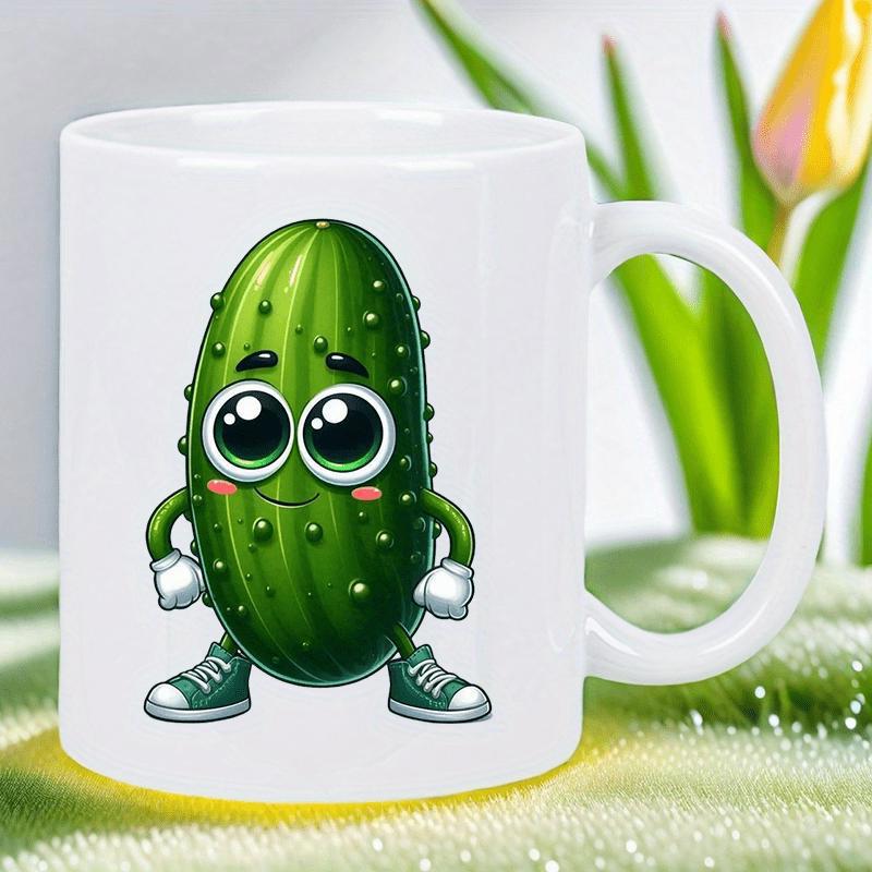 Tailorly White Ceramic 11 oz Mug - Cheerful Green Cartoon Character Standing With Big Eyes And Sneakers Pickle