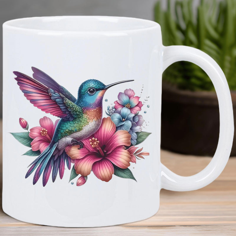 Tailorly White Ceramic 11 oz Mug - Vibrant Colorful Wings Hovering Among Blooming Hibiscus And Tropical Flowers Hummingbird