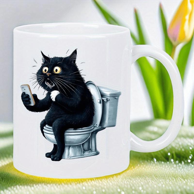 Tailorly White Ceramic 11 oz Mug - Humorous Shocked Black Cat Sitting On Toilet Using A Smart Mobile Phone Cat
