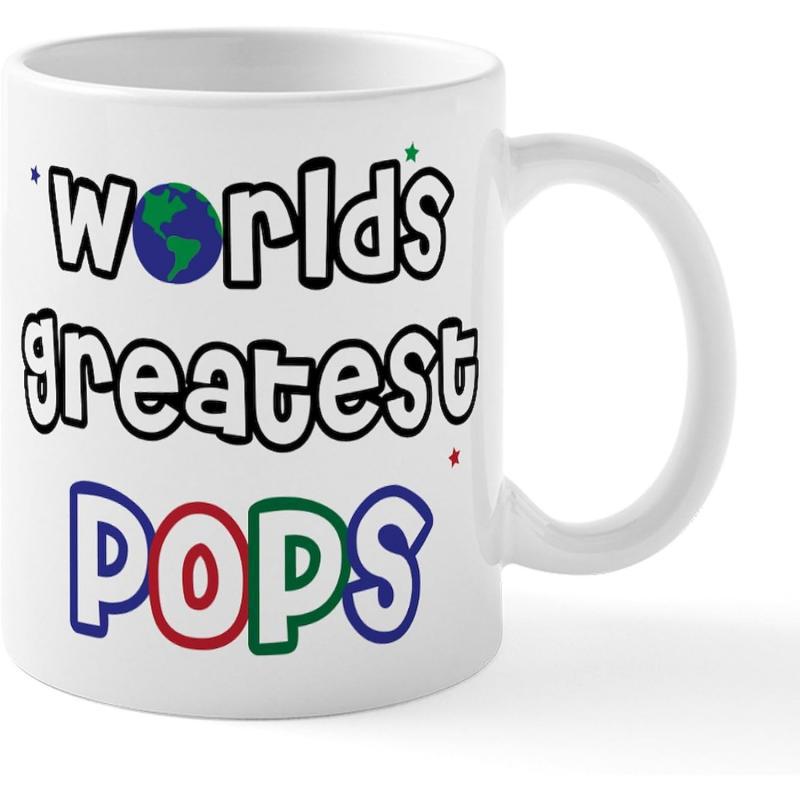 Tailorly White Ceramic 11 oz Mug - World's Greatest Pops Colorful Cartoonish Lettering With Miniature Earth Globe Icon Graphic