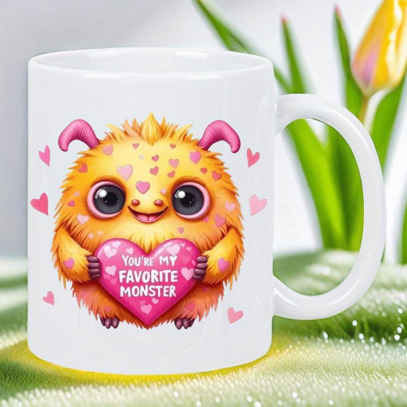 Tailorly White Ceramic 11 oz Mug - Youre My Favorite Monster Fluffy Adorable Orange Creature Holding A Pink Heart With Floating Symbols Monster