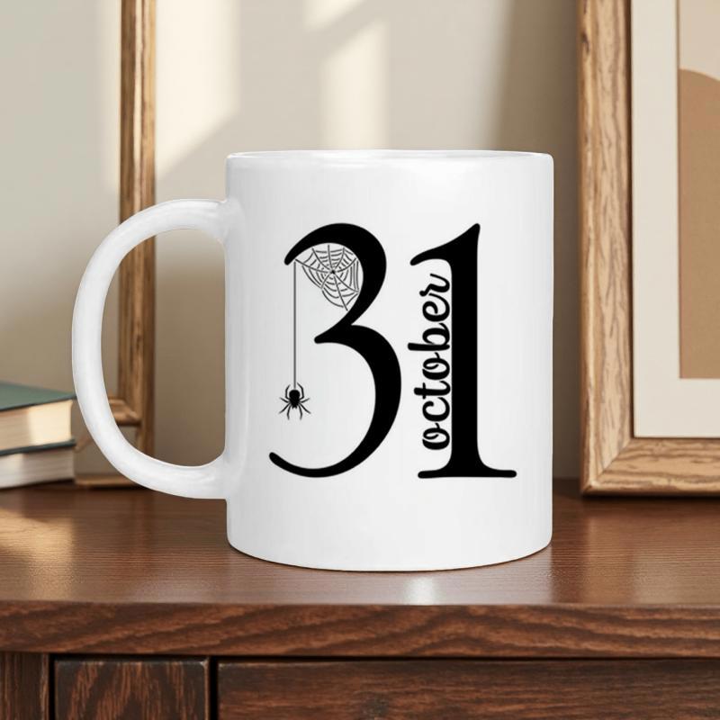 Tailorly White Ceramic 11 oz Mug - October 31 Spooky Spider Web Hanging Inside Bold Serif Numbers Halloween Mug
