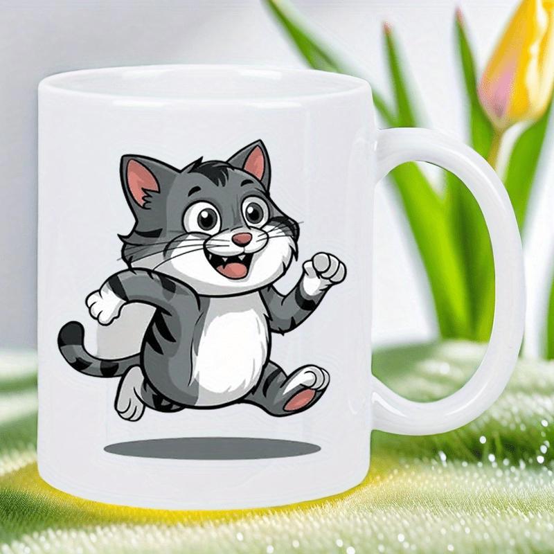Tailorly White Ceramic 11 oz Mug - Cheerful Grey Striped Cartoon Feline Running Joyfully Through The Air Cat