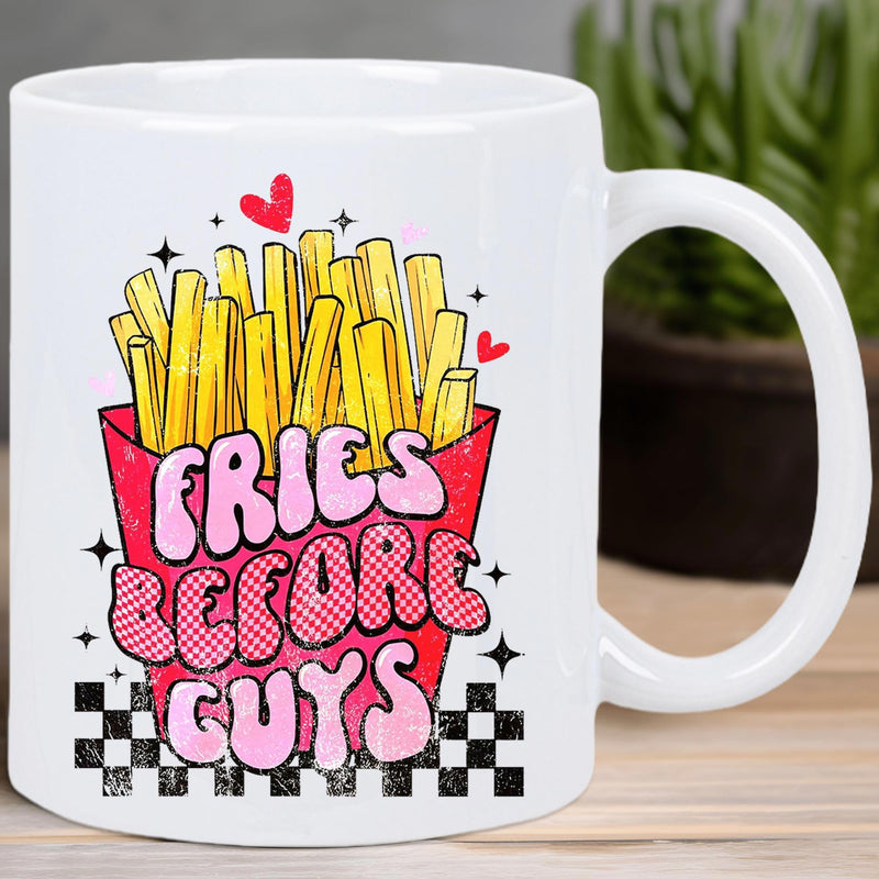 Tailorly White Ceramic 11 oz Mug - Fries Before Guys Crispy Golden French Fries Inside Red Box With Small Floating Hearts Fries