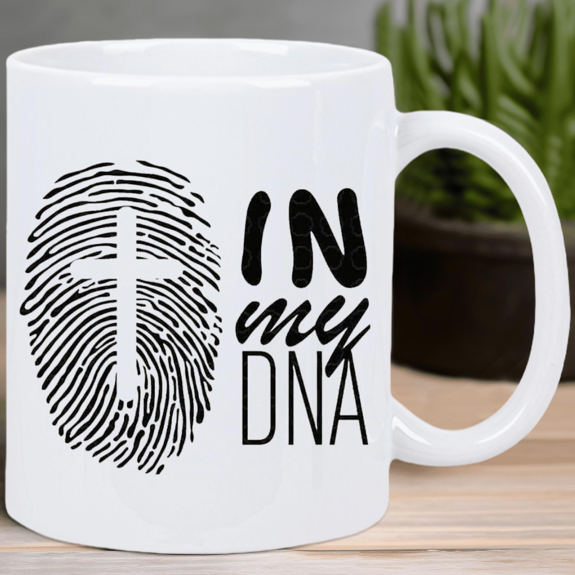 Tailorly White Ceramic 11 oz Mug - In My DNA Unique Fingerprint Pattern With Religious Silhouette Inside Artistic Cross