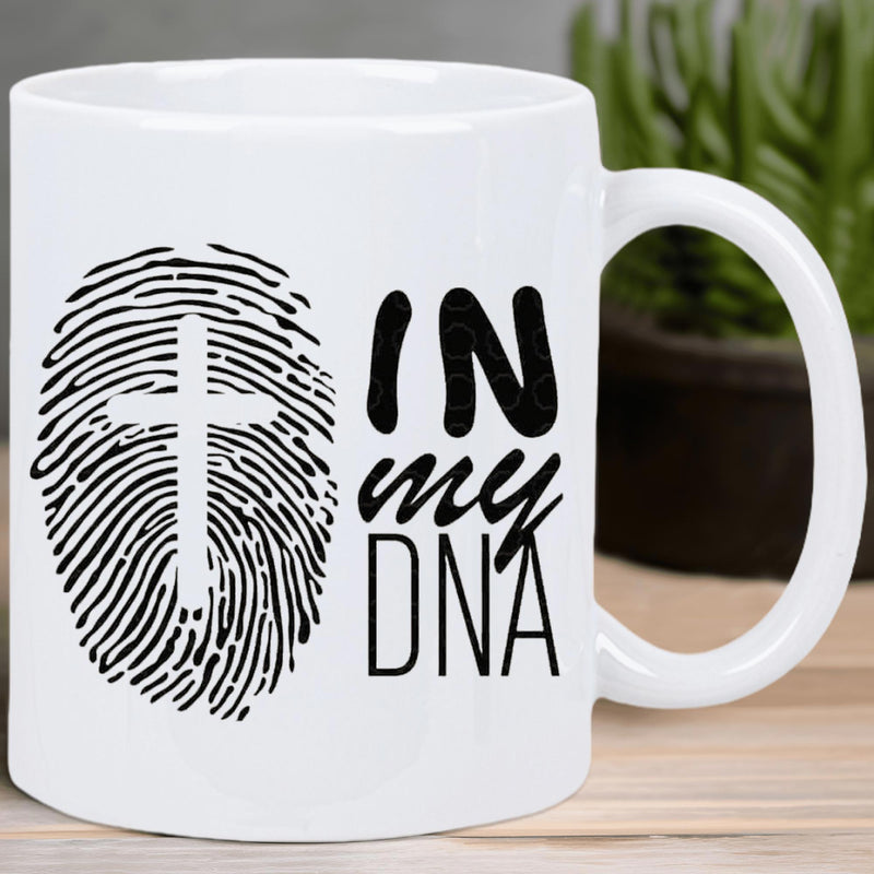 Tailorly White Ceramic 11 oz Mug - In My DNA Unique Fingerprint Pattern With Religious Silhouette Inside Artistic Cross
