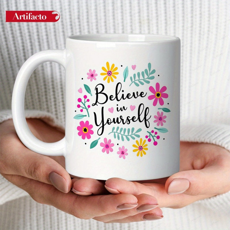 Tailorly White Ceramic 11 oz Mug - Believe In Yourself Colorful Decorative Floral Wreath With Vibrant Pink Yellow Flowers And Leaves Mug