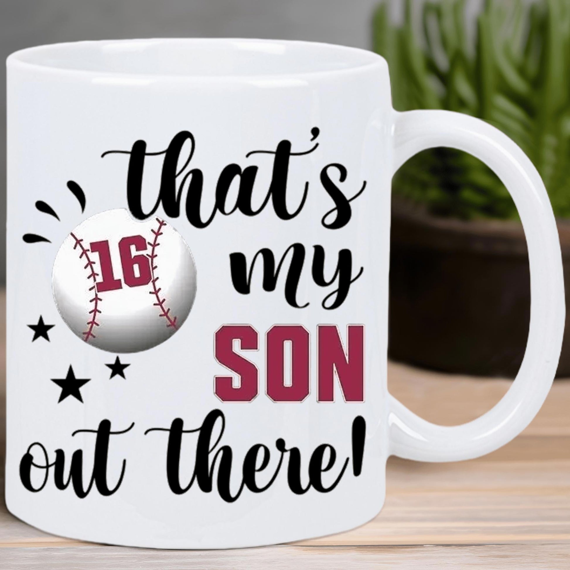 Tailorly White Ceramic 11 oz Mug - That's My Son Out There Classic Realistic Baseball Featuring Red Stitching And Decorative Small Stars Mug
