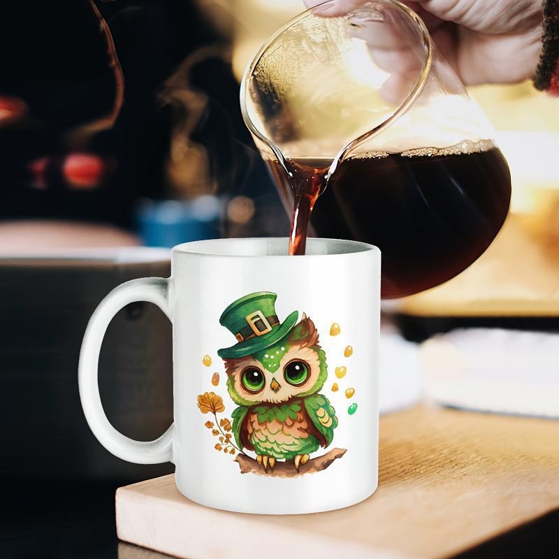 Tailorly White Ceramic 11 oz Mug - Cute Green St Patricks Day Leprechaun Hat Sitting On Wooden Branch Owl