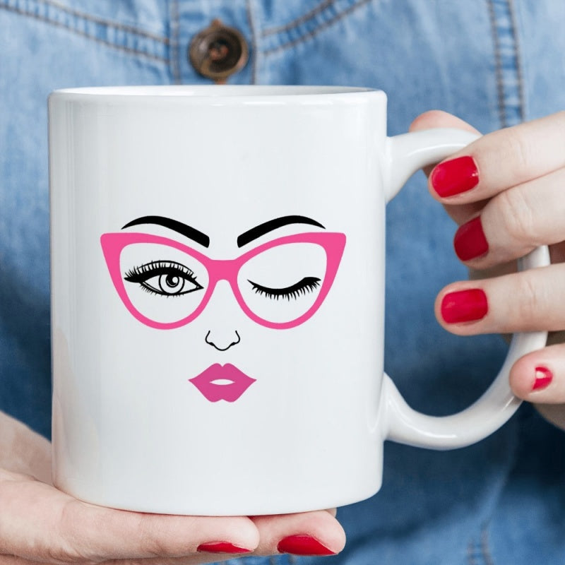 Tailorly White Ceramic 11 oz Mug - Stylish Fashion Girl Face Wearing Pink Glasses And Winking Pink Lips Woman