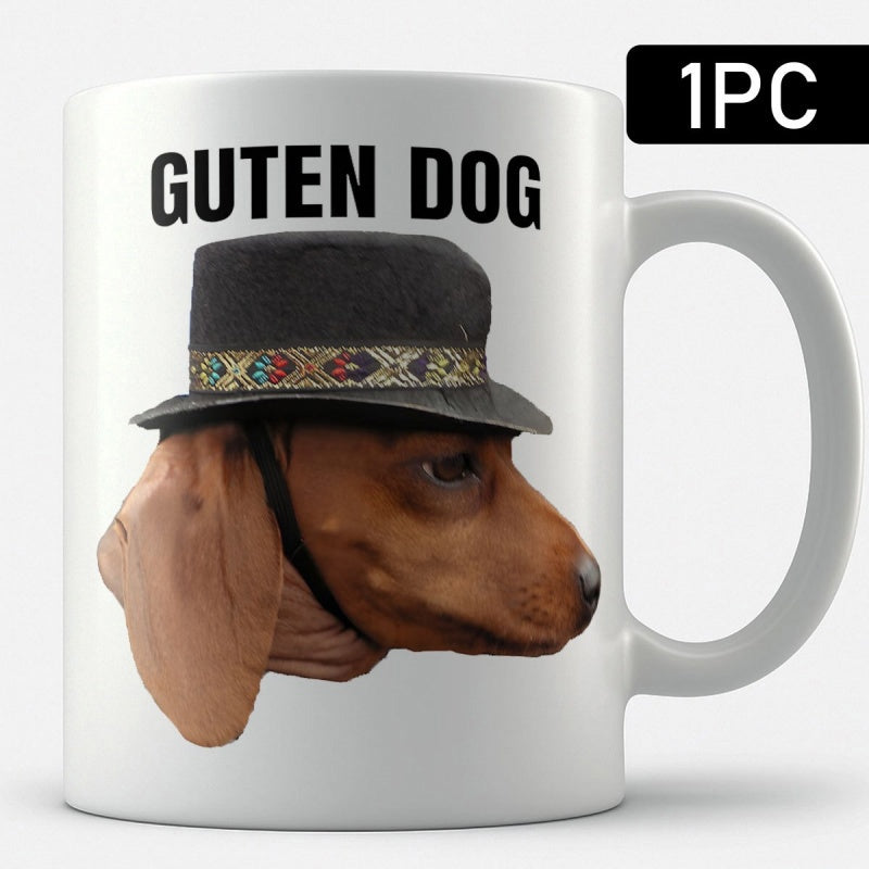 Tailorly White Ceramic 11 oz Mug - Guten Dog Adorable Brown Dachshund Wearing A Black Fedora With Patterned Band Dog