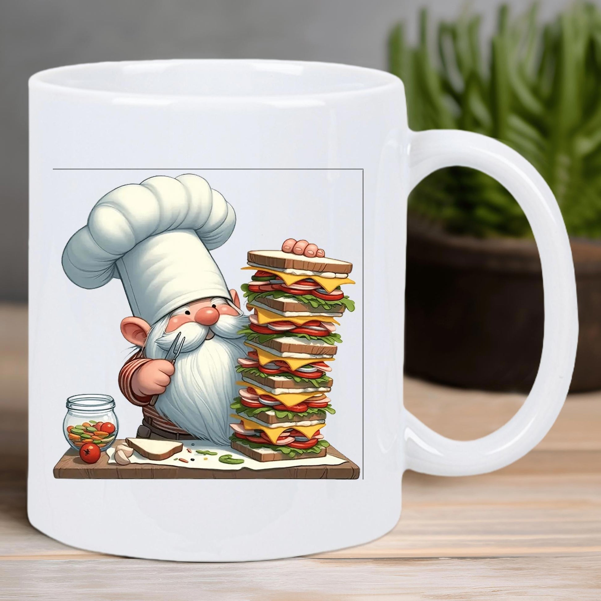 Tailorly White Ceramic 11 oz Mug - Whimsical Tiny Chef Holding A Knife Beside A Massive Tall Sandwich Gnome