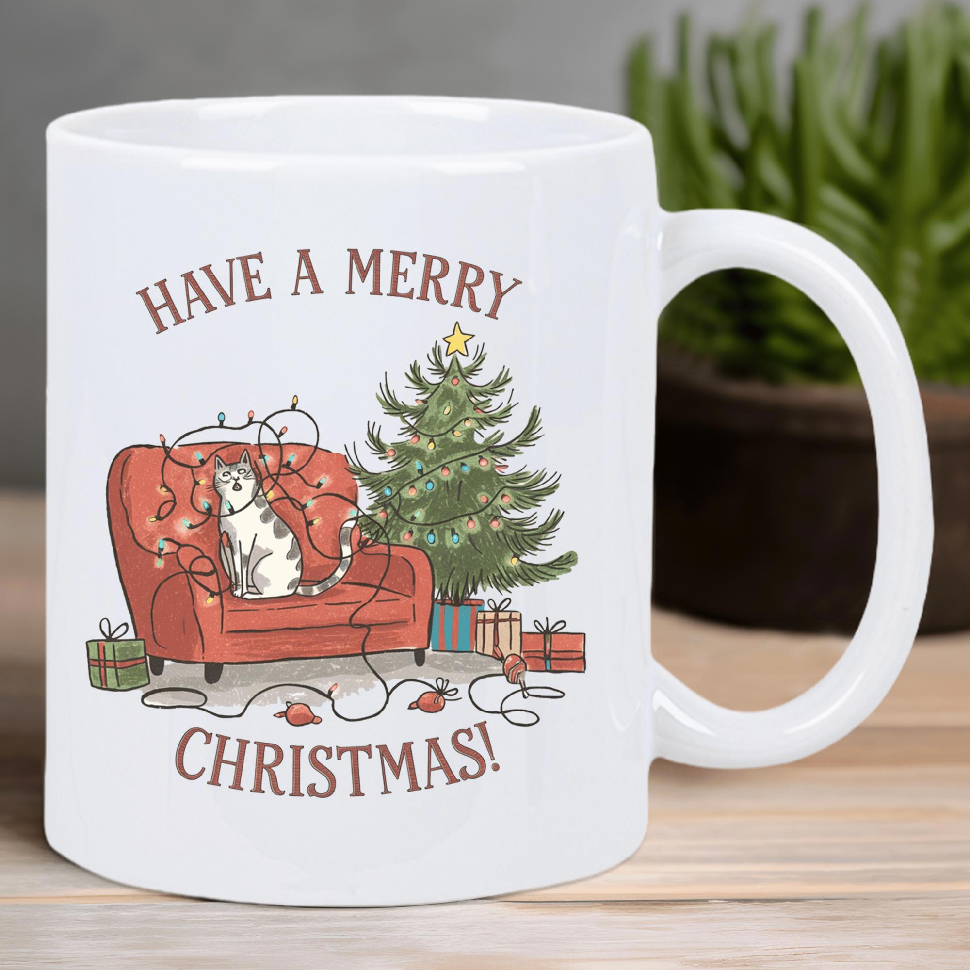 Tailorly White Ceramic 11 oz Mug - Have A Merry Christmas Festive Scene With Tabby Cat On Red Sofa Beside Christmas Tree Cat