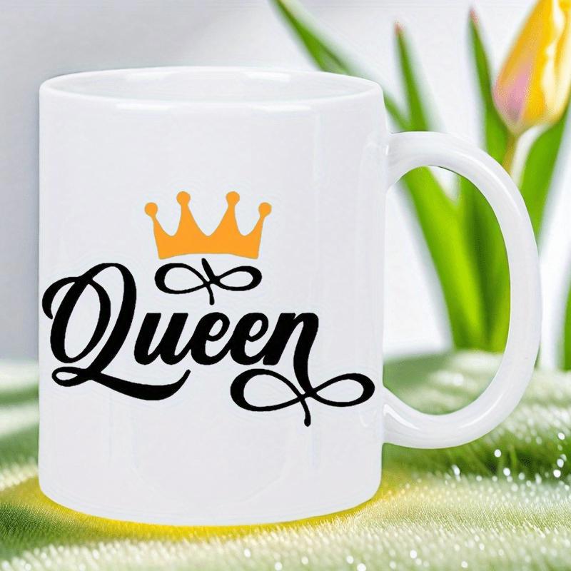 Tailorly White Ceramic 11 oz Mug - Queen Elegant Golden Crown With Decorative Script Flourishes On
