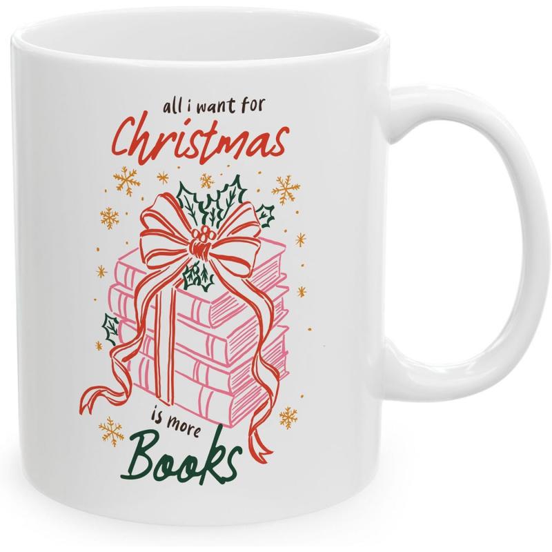 Tailorly White Ceramic 11 oz Mug - All I Want For Christmas Is More Books Stacked Holiday Novels Adorned With Large Striped Decorative Bow Books
