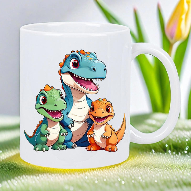 Tailorly White Ceramic 11 oz Mug - Three Cute Colorful Prehistoric Friends Smiling On A Pure White Background Dinosaur