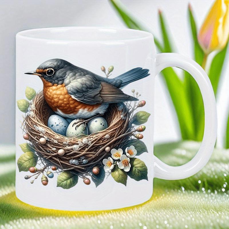 Tailorly White Ceramic 11 oz Mug - Detailed Robin Resting In Nest With Spotted Blue Eggs Among Blossoms Bird