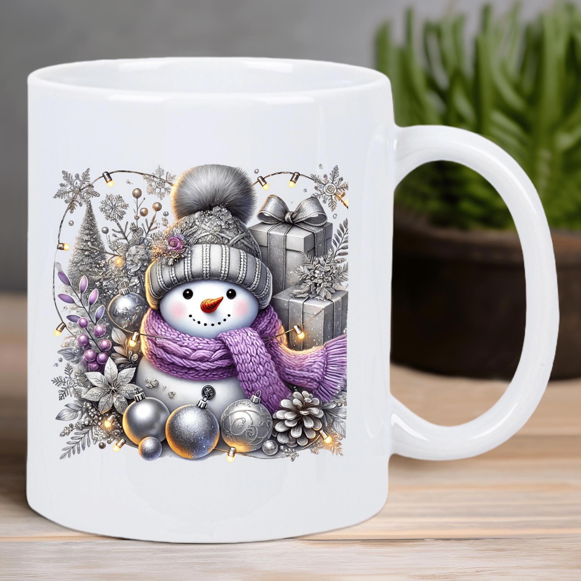 Tailorly White Ceramic 11 oz Mug - Winter Festive Scene Featuring Silver Decorations And Purple Scarf Snowman