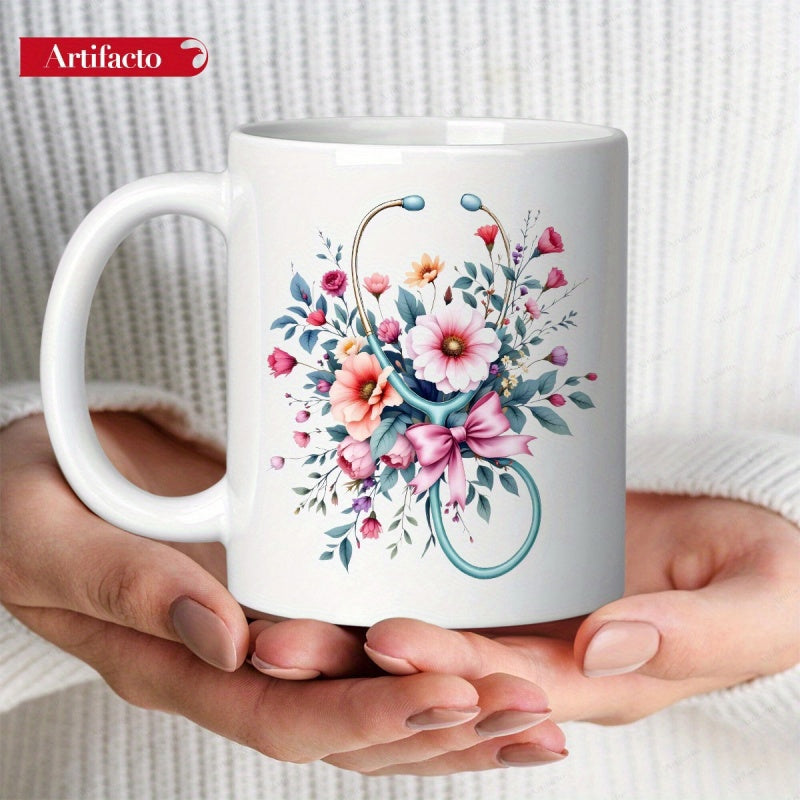 Tailorly White Ceramic 11 oz Mug - Vibrant Blooming Flowers And Delicate Pink Bow Wrapping Around Medical Stethoscope