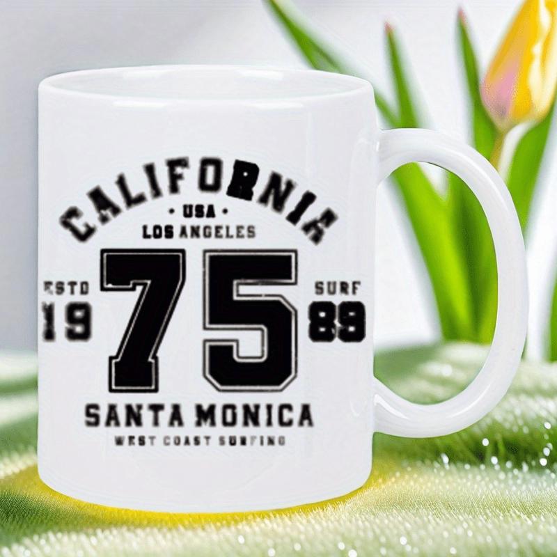 Tailorly White Ceramic 11 oz Mug - California USA Los Angeles Santa Monica West Coast Surfing Vintage Style Varsity Lettering And Numbers In Bold Black Ink Mug