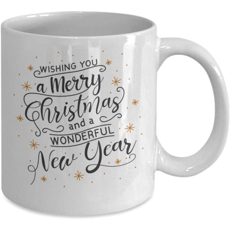 Tailorly White Ceramic 11 oz Mug - Wishing You A Merry Christmas And A Wonderful New Year Festive Golden Snowflakes Shining Among Elegant Holiday Script Typography