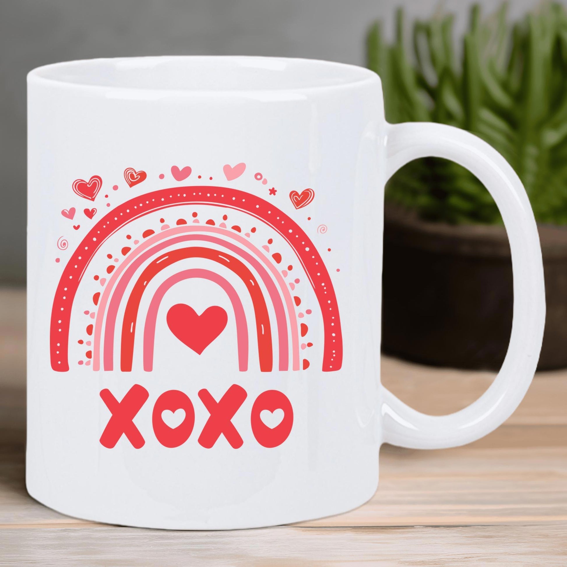 Tailorly White Ceramic 11 oz Mug - Xoxo Vibrant Red Pink Boho Heart Rainbow With Decorative Patterns Mug