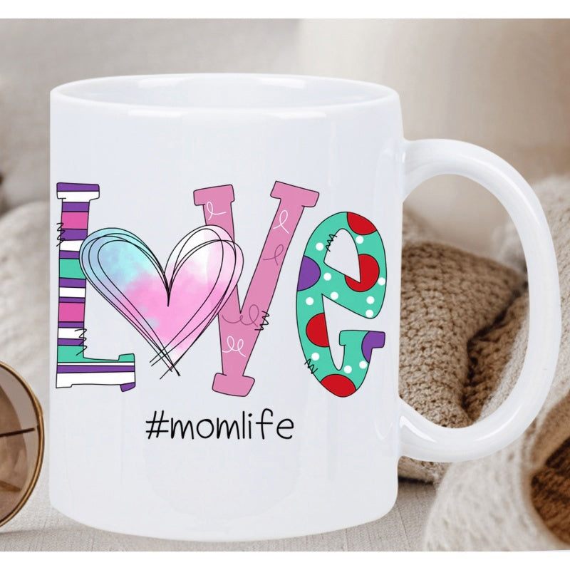 Tailorly White Ceramic 11 oz Mug - Momlife Love Artistic Colorful Pattern With Hand Drawn Heart And Decorative Patterned Letters Mug
