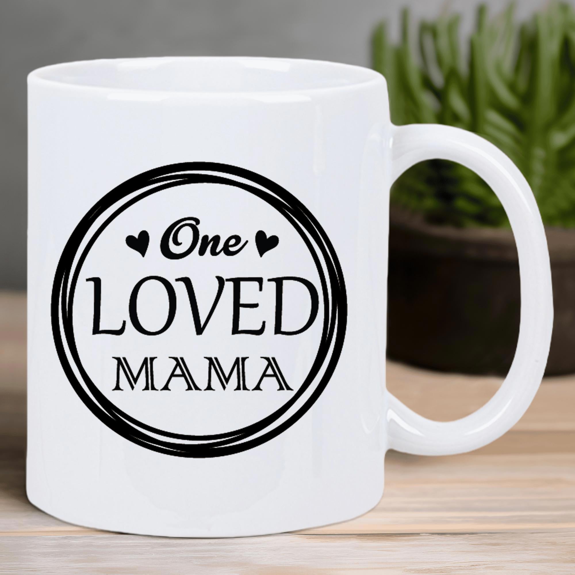 Tailorly White Ceramic 11 oz Mug - One Loved Mama Circular Scribble Frame With Heart Icons Centered On Mug