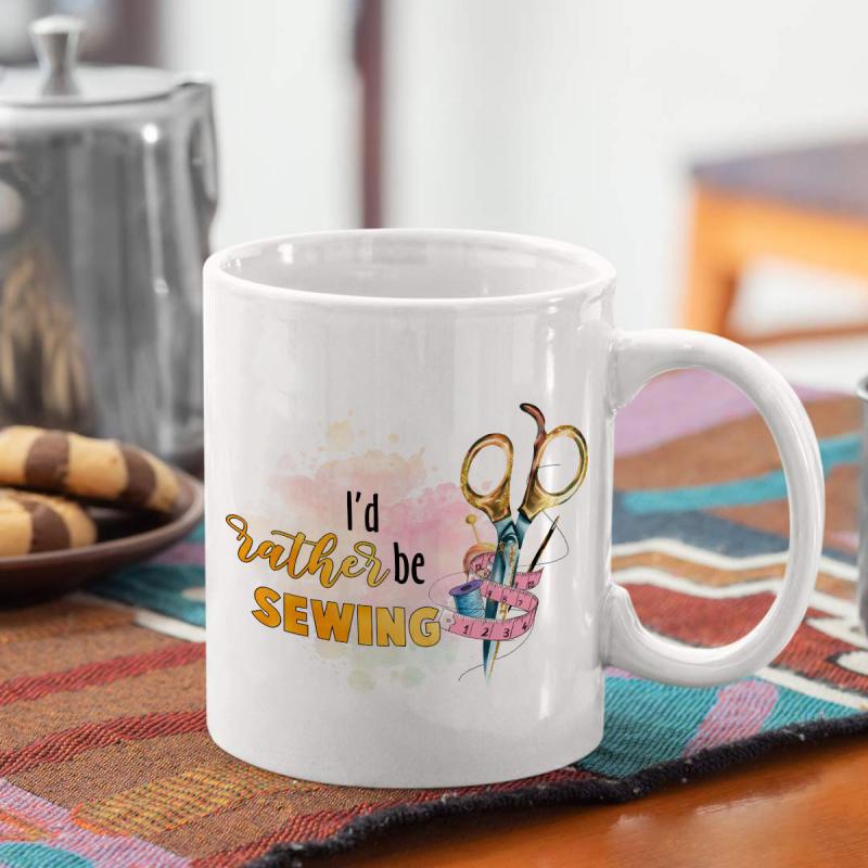 Tailorly White Ceramic 11 oz Mug - Id Rather Be Sewing Vintage Style Golden Crafting Tool With Soft Watercolor Background Scissors