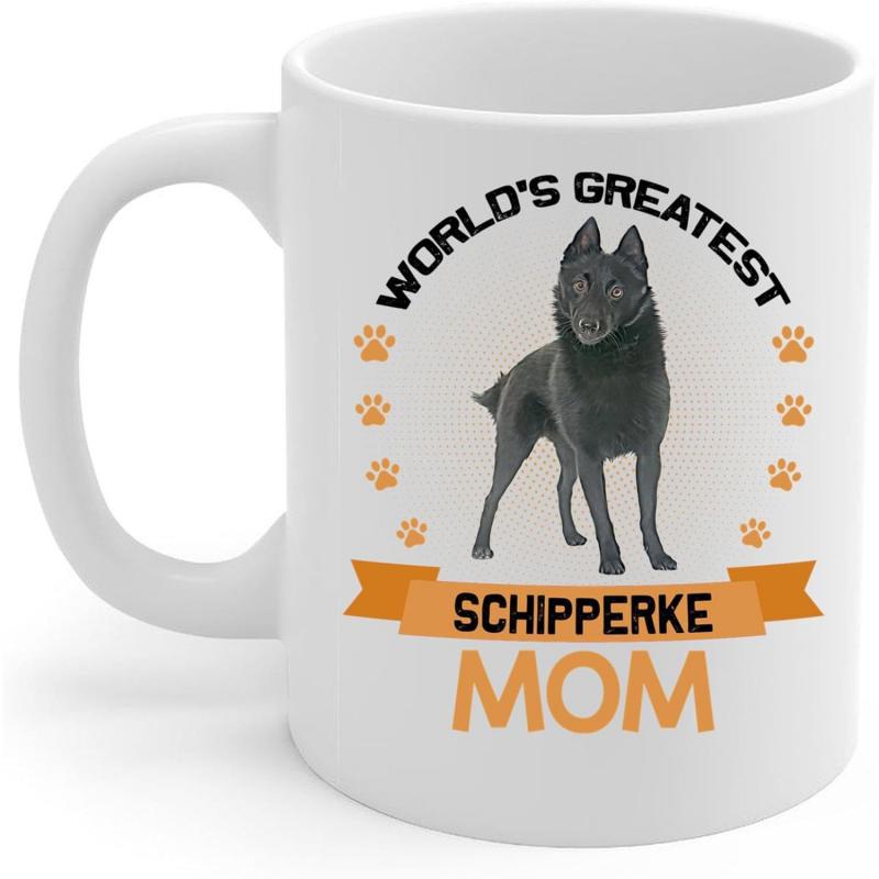 Tailorly White Ceramic 11 oz Mug - Worlds Greatest Schipperke Mom Majestic Black Schipperke Dog Standing Proudly Surrounded By Orange Paw Prints Dog