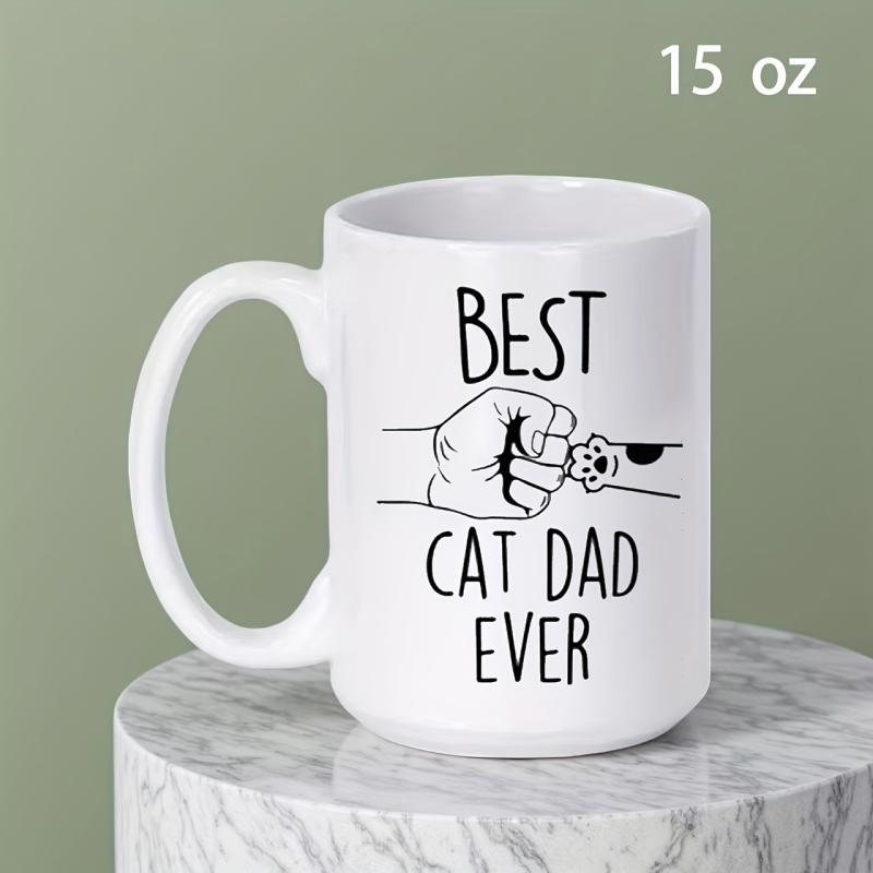 Tailorly White Ceramic 11 oz Mug - Best Cat Dad Ever Minimalist Line Art Of Human Fist Bumping A Small Furry Paw