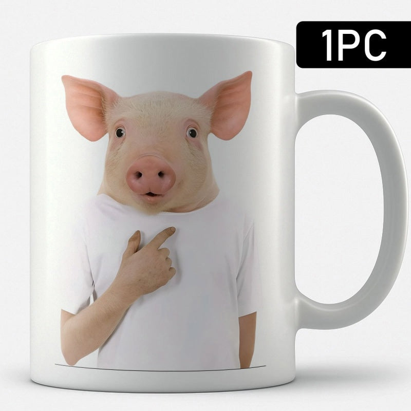 Tailorly White Ceramic 11 oz Mug - Anthropomorphic Funny Pig Wearing White Shirt Gesturing With A Human Hand Pig