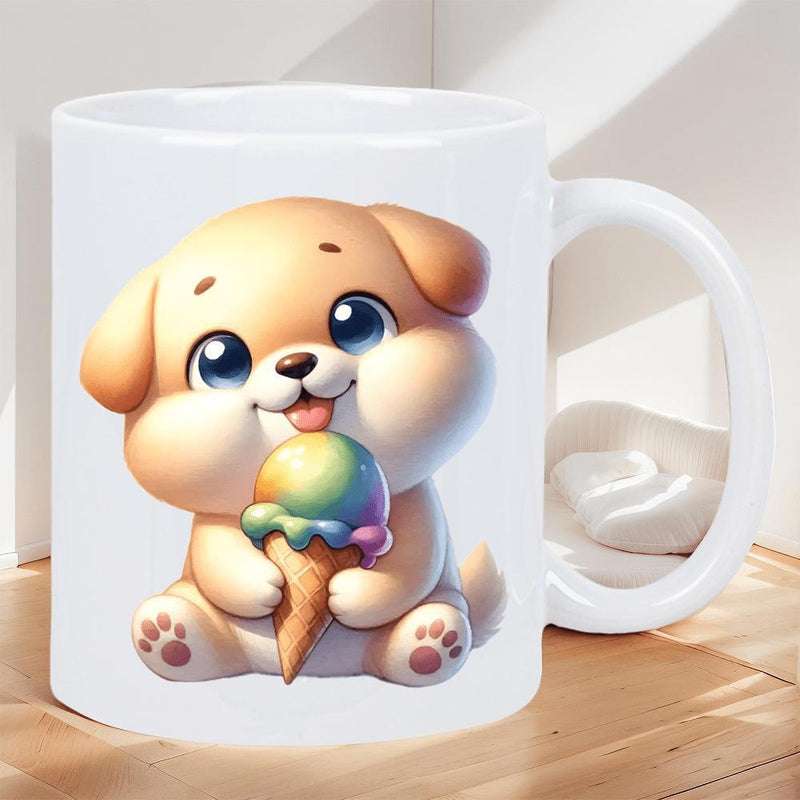 Tailorly White Ceramic 11 oz Mug - Adorable Golden Chibi Dog Holding A Rainbow Ice Cream Cone Puppy