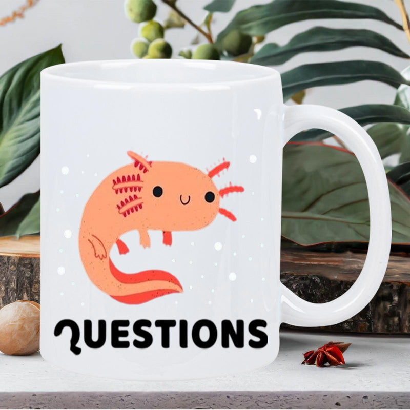 Tailorly White Ceramic 11 oz Mug - Questions Cute Pink Axolotl Swimming Among White Bubbles With A Friendly Smile Axolotl