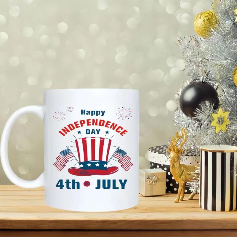 Tailorly White Ceramic 11 oz Mug - Happy Independence Day 4th July Patriotic Uncle Sam Design Featuring American Flags And Fireworks Hat