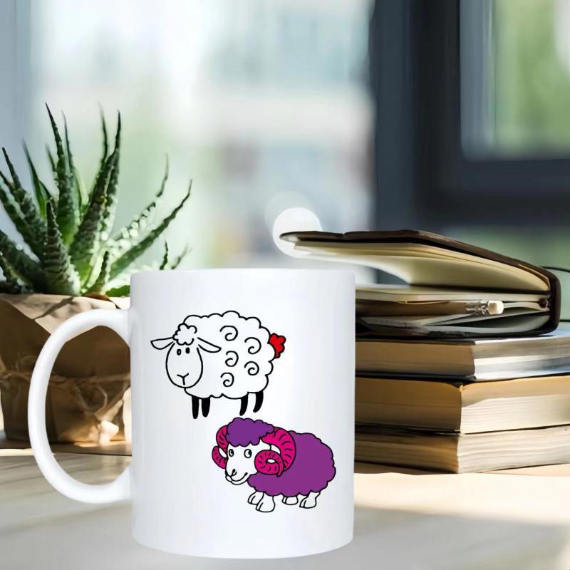 Tailorly White Ceramic 11 oz Mug - Two Playful Cartoon Illustrations Featuring A Fluffy White And Purple Sheep