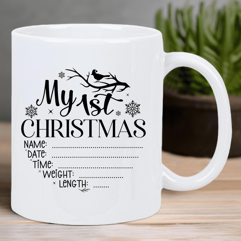 Tailorly White Ceramic 11 oz Mug - My 1st Christmas Elegant Winter Branch With Perched Bird And Decorative Snowflakes Branch