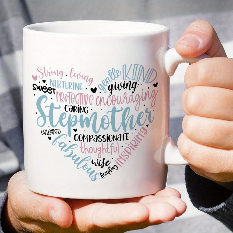 Tailorly White Ceramic 11 oz Mug - Stepmother Kind Loving Heart Shaped Word Cloud Arranged With Delicate Pastel Artistic Typography Heart